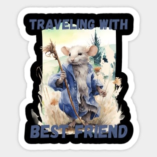 Watercolor Rat Traveling with Best Friend Blue Sticker